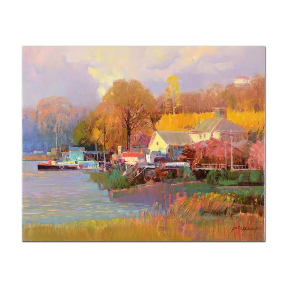 Ming Feng, "Summer House Dock" Original Oil Painting on Canvas, Hand Signed with Letter of (1 of 2)