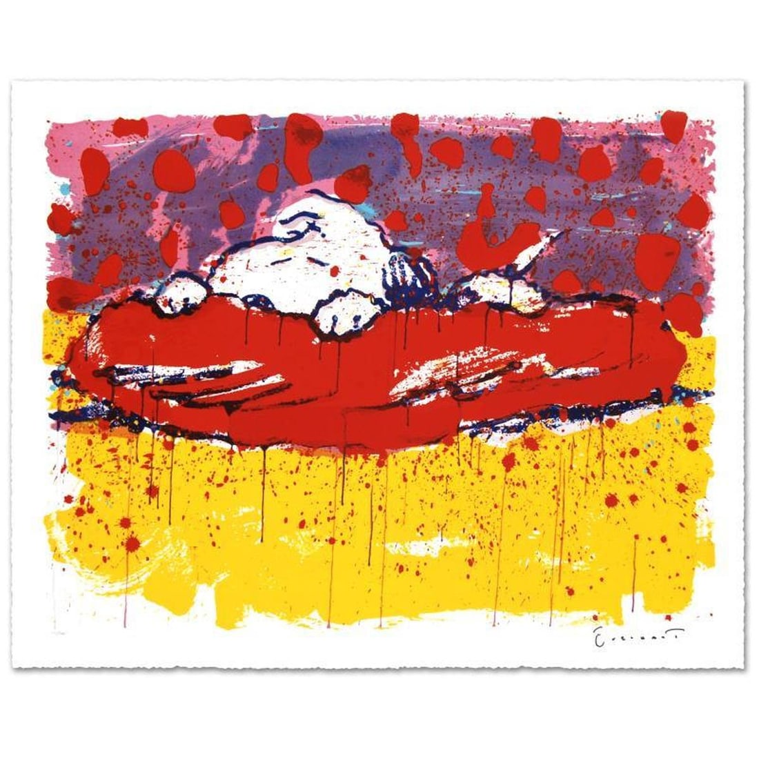 Pig Out Limited Edition Hand Pulled Original Lithograph by Renowned Charles Schulz Protege, Tom: Pig Out is a limited edition hand pulled original lithograph on museum quality deckle-edge paper, numbered and hand signed by Tom Everhart. This is one of the final Everhart editions to be created on