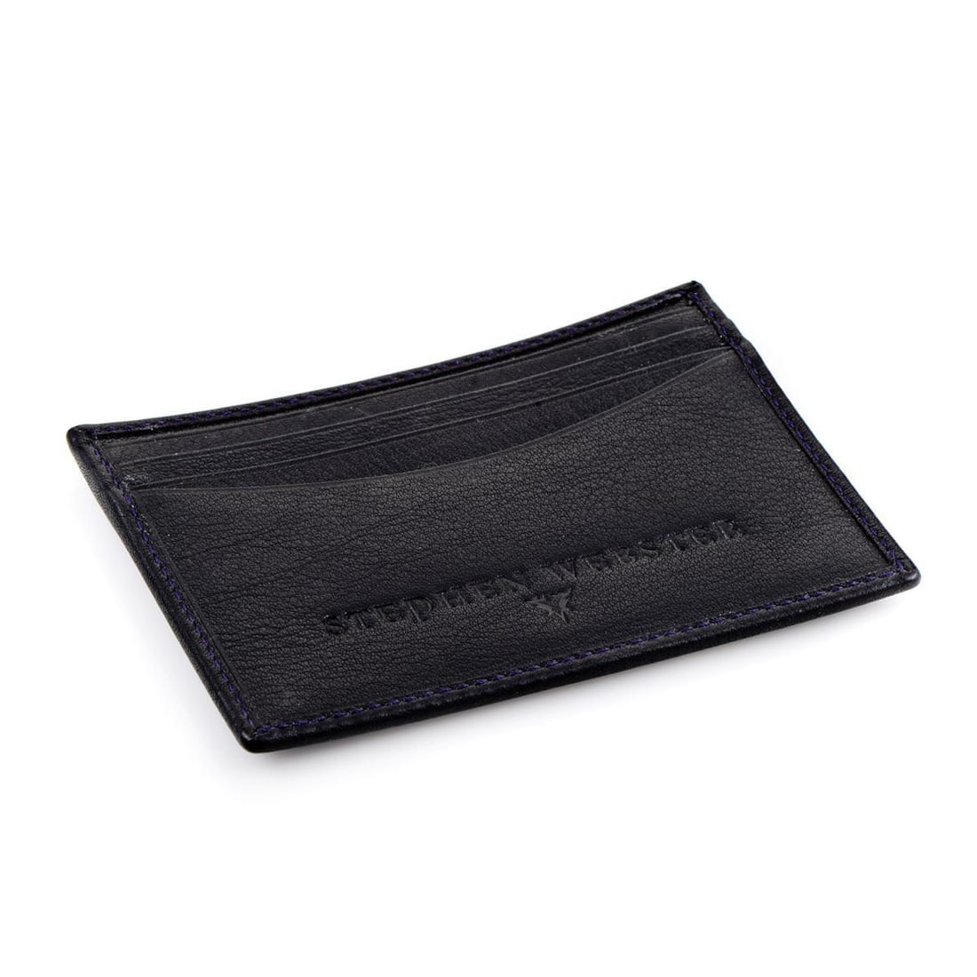 Stephen Webster Calfskin Leather Cardholder: Practical and elegant, this stunning card holder from Stephen Webster is a tasteful item of immense quality, made of black calf leather and adorned with violet stitching while boasting marvelous impri