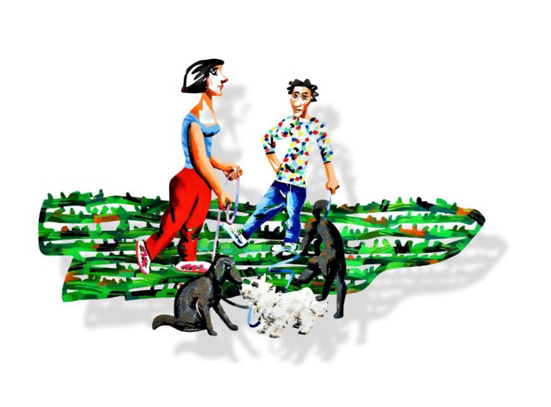 David Gerstein- Mixed Media Cutout Aluminum "Dog Walkers": Artist: David Gerstein. Medium: Mixed Media Cutout Aluminum. Title: Dog Walkers. Size: 45" x 28". Signature: Signed and numbered. Certificate of Authenticity: Is included. Additional: Edition - 90. Re