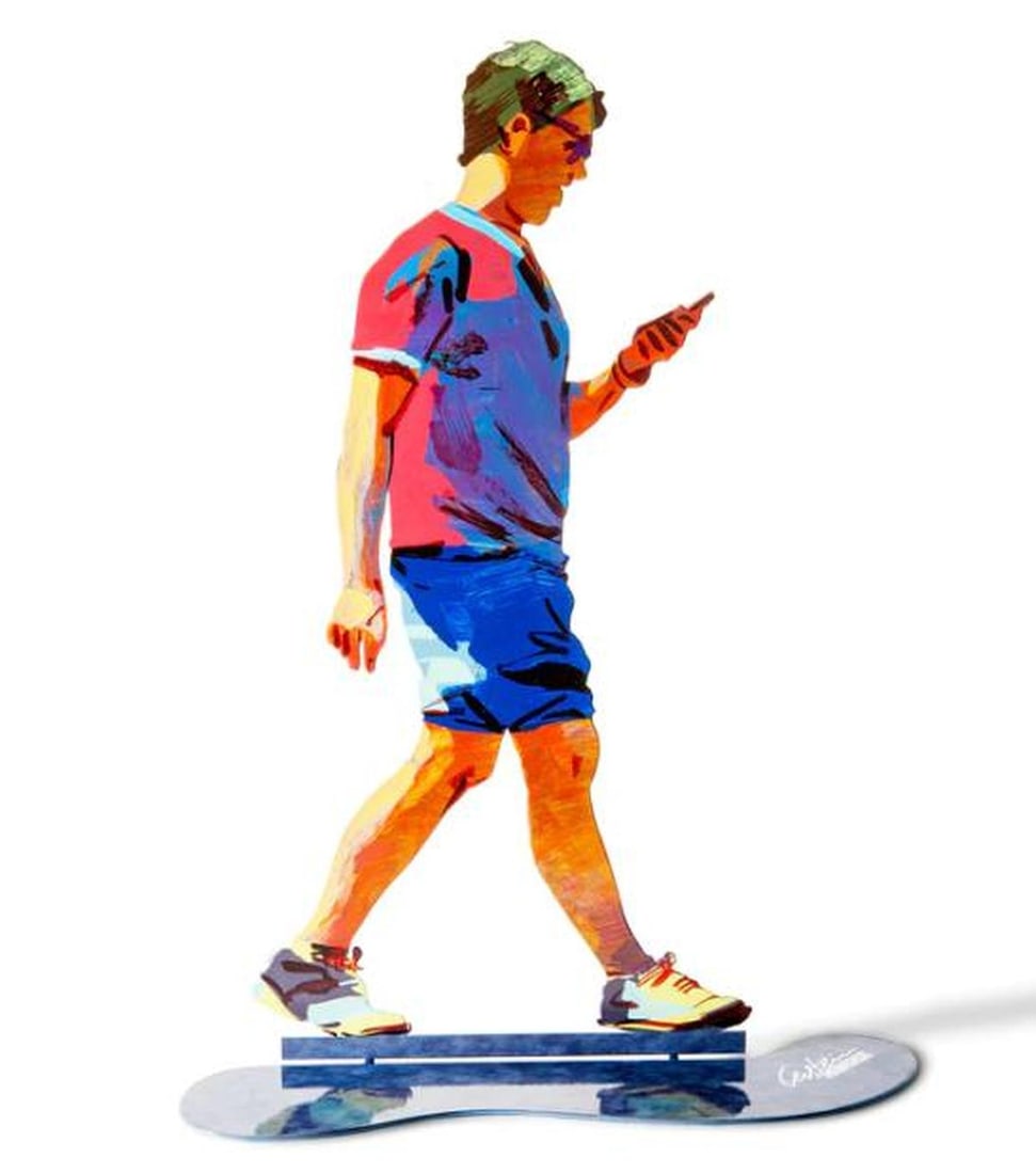 David Gerstein- Mixed Media on Laser Cut Steel "WALKER WITH SNEAKERS": Artist: David Gerstein. Medium: Mixed Media on Laser Cut Steel. Title: WALKER WITH SNEAKERS. Size: 16.3" x 10.2". Signature: Signed. Certificate of Authenticity: Is included. Reference#: 61413.