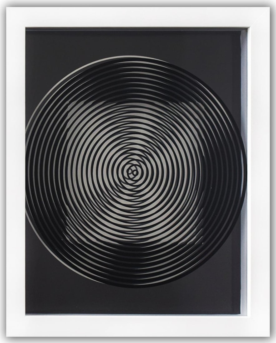 Victor Vasarely- 3D Wall Sculpture/object "Cinetiques": Artist: Victor Vasarely. Medium: 3D Wall Sculpture/object. Title: Cinetiques. Size: 11" x 9". Measures approx. 13" x 10.5" (framed). Additional: Custom Framed. 2 layers- Top layer printed on clear Luc