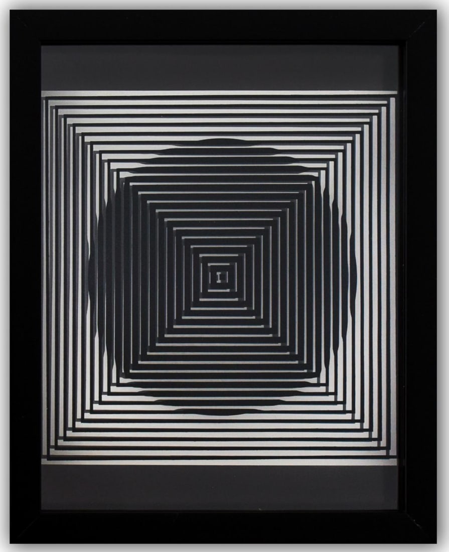 Victor Vasarely- 3D Wall Sculpture/object "Cinetiques": Artist: Victor Vasarely. Medium: 3D Wall Sculpture/object. Title: Cinetiques. Size: 11" x 9". Measures approx. 13" x 10.5" (framed). Additional: Custom Framed. 2 layers- Top layer printed on clear Luc