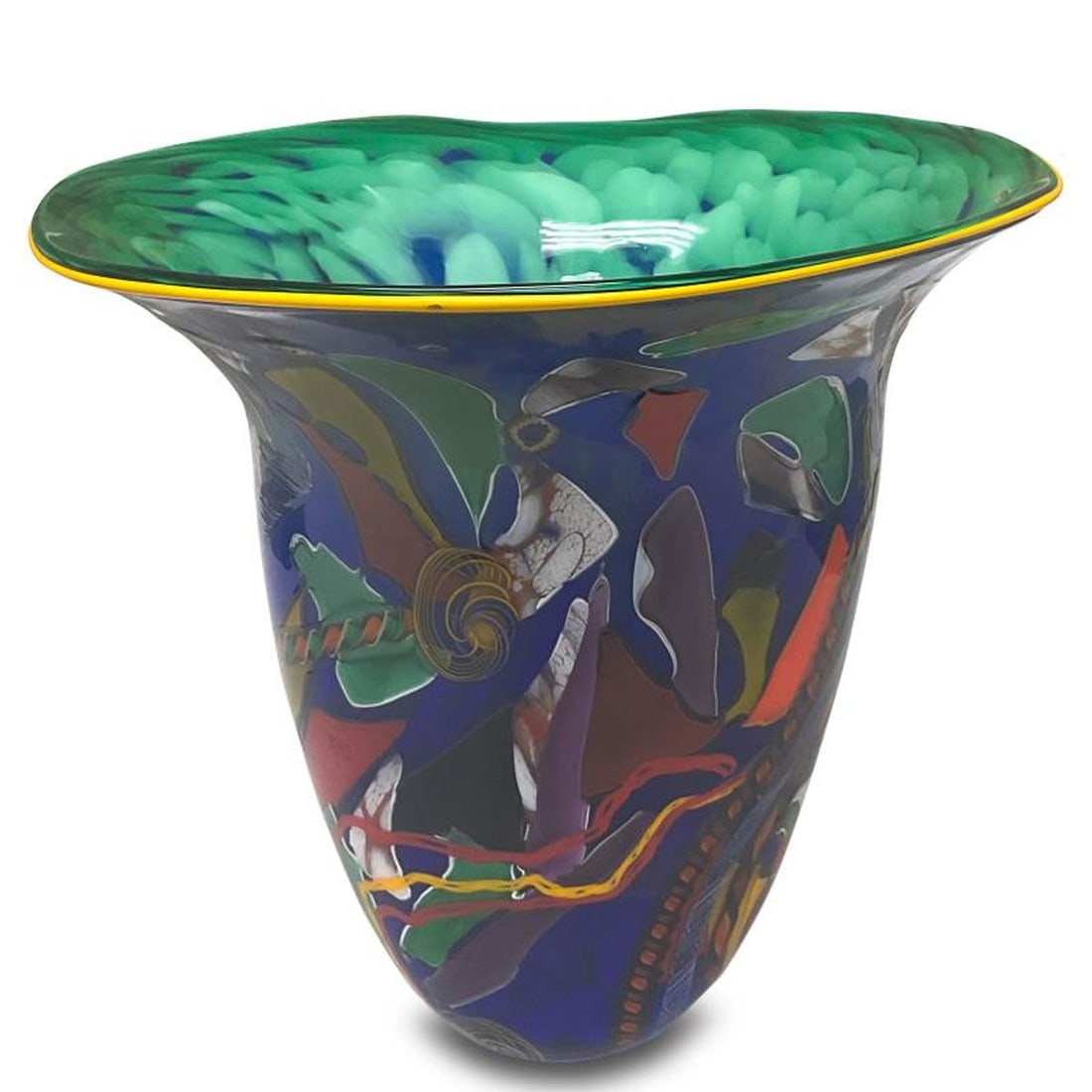 Dutch Schulze, "418 Blue Chard Vase" Hand Blown Glass Vase, Hand Signed with Letter of Authenticity: 418 Blue Chard Vase is a hand blown glass vase by Dutch Schulze, hand signed by the artist. Includes Letter of Authenticity. Measures approx. 14.5" (height) x 14.5" (diameter at widest point). There i