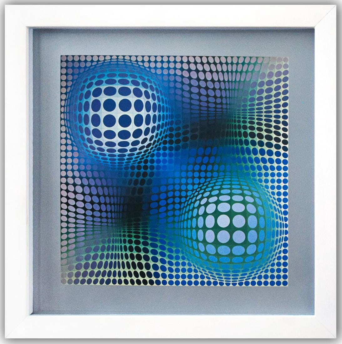 Victor Vasarely- Heliogravure Print "Feny": Artist: Victor Vasarely. Medium: Heliogravure Print. Title: Feny. Size: 10" x 10". Measures approx. 12" x 12" (framed). Additional: Custom Framed , 1975. Reference#: 21359.