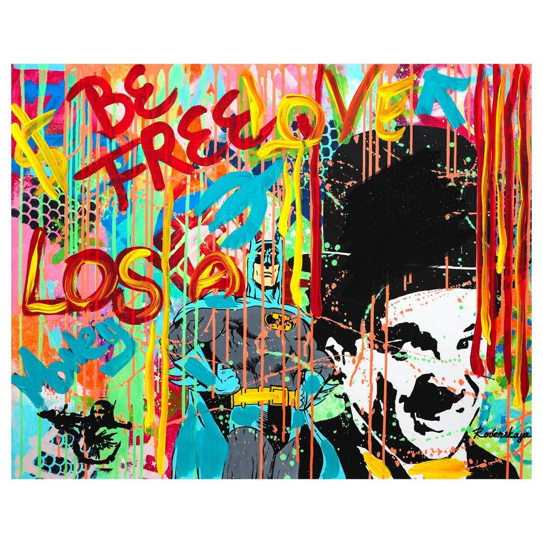 Nastya Rovenskaya- Mixed Media "Batman And Chaplin": Artist: Nastya Rovenskaya. Medium: Mixed Media. Title: Batman And Chaplin. Size: 24" x 30". Signature: Hand signed. Certificate of Authenticity: Is included. Reference#: 37306.