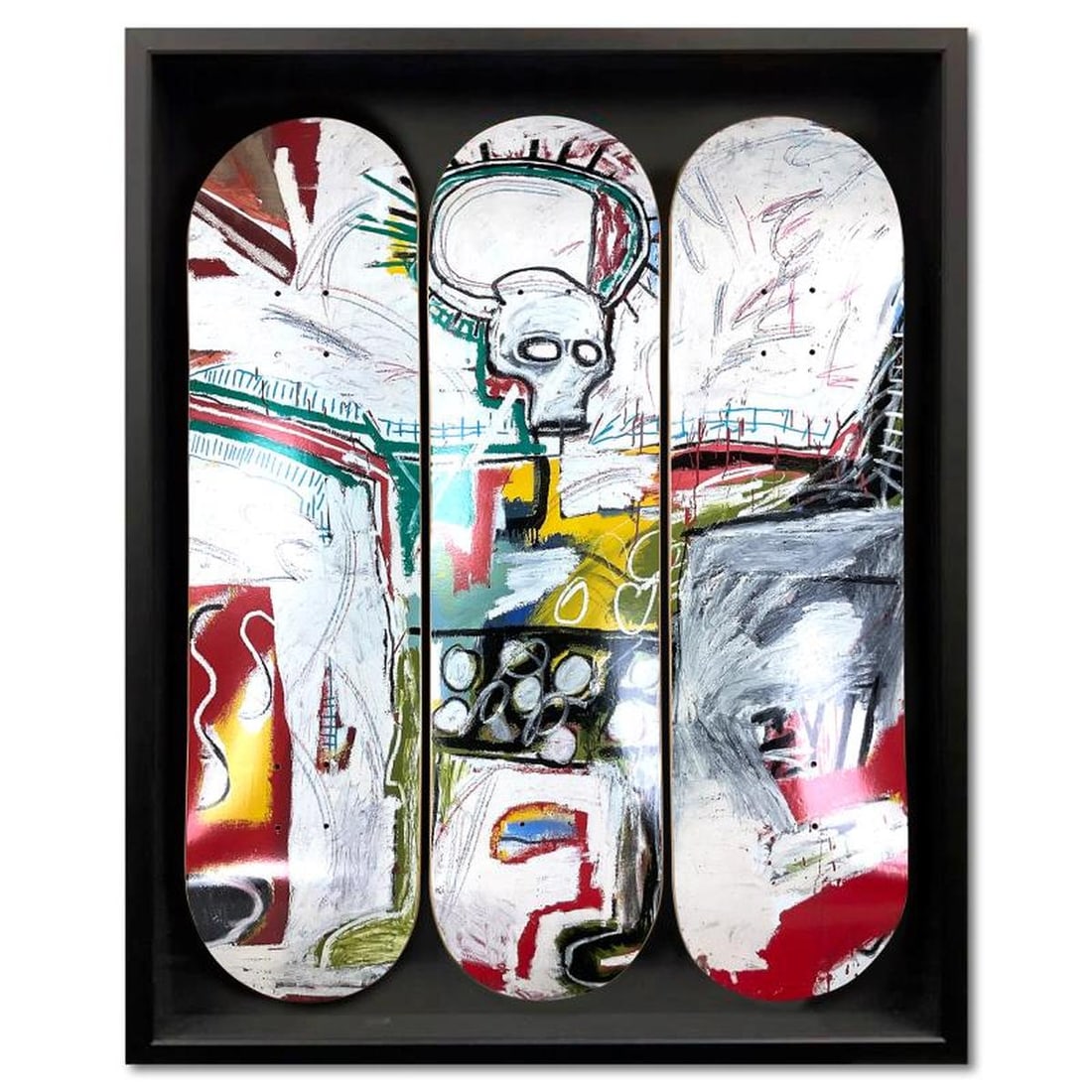 Jean-Michel Basquiat (1960-1988), "Rotterdam (1982)" Framed Skateboard Triptych, Plate Signed with: Rotterdam (1982) is a skateboard triptych by Jean-Michel Basquiat (1960-1988), bearing the plate signature of the artist inverso. This triptych comes custom framed. Includes Letter of Authenticity. Me
