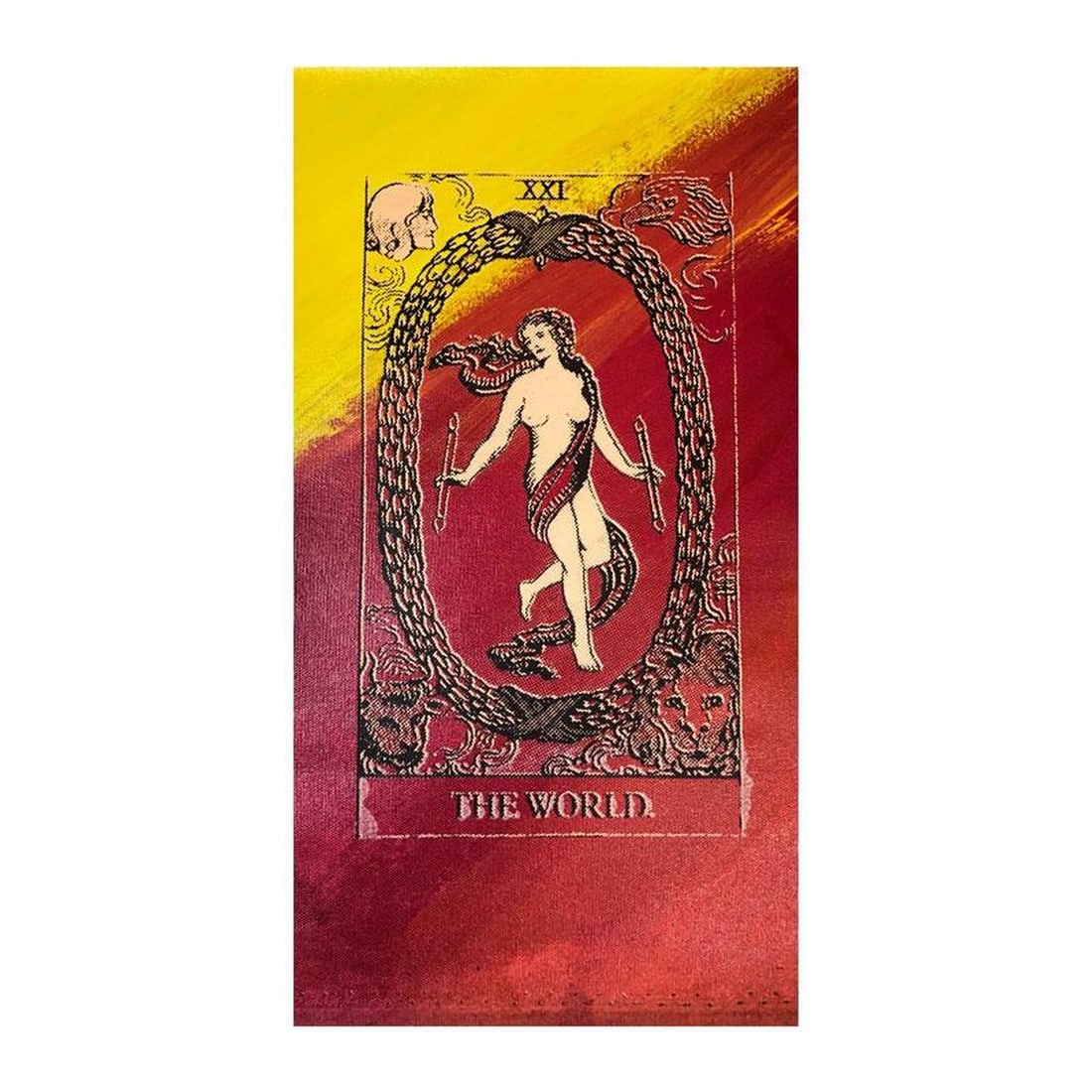 Steve Kaufman (1960-2010) "Tarot, The World" Hand Signed and Numbered Limited Edition Hand Pulled: Tarot, The World is a limited edition hand pulled silkscreen mixed media on canvas by Andy Warhol protege Steve Kaufman (1960-2010). This piece is numbered and 13/50 and hand signed inverso. Includes