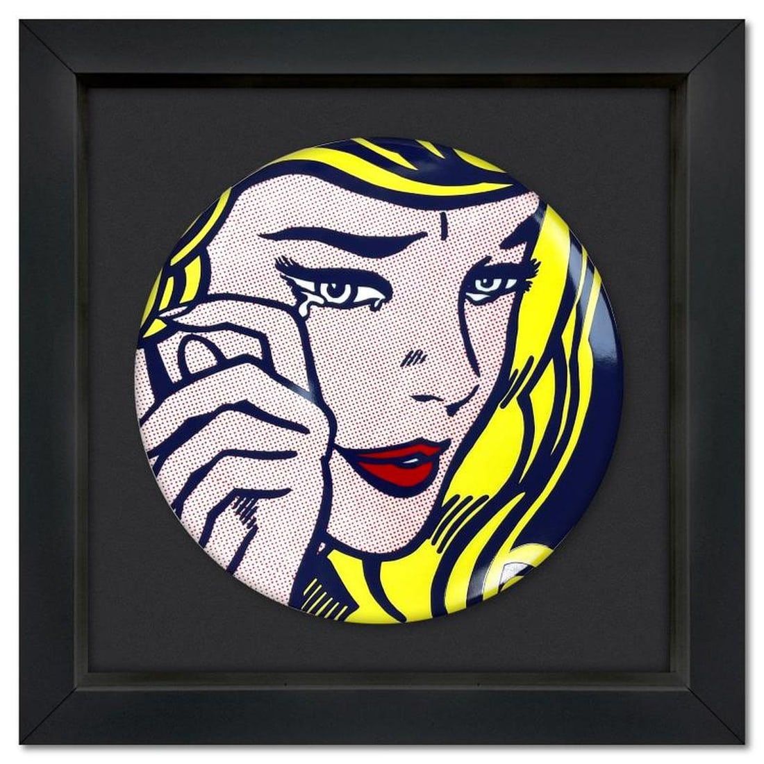 Roy Lichtenstein (1923-1997), "Crying Girl" Framed Limoges Porcelain Plate with Letter of: Crying Girl is a Limoges porcelain plate bearing the plate signature inverso of Roy Lichtenstein (1923-1997). This piece comes custom framed. Includes Letter of Authenticity. Measures approx. 16" x 16