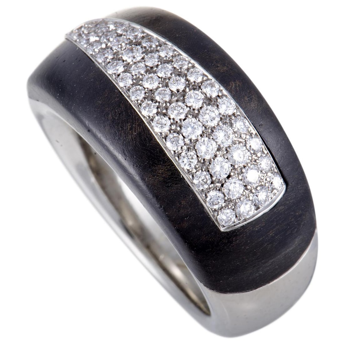 Bucherer 18K White Gold Diamond Pave and Blackwood Band Ring: Shimmering 18K white gold is artistically molded to create this stunning ring by Bucherer that is an astounding embodiment of elegance and grace. The beautiful ring is embellished with 0.41ct of dazzl
