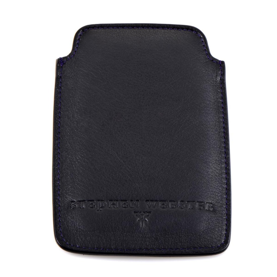 Stephen Webster Calfskin Leather iPhone Case: With stitching in royal violet nuance and marvelous imprint on the back adding a subtle aesthetic touch to the black leather, this exceptional iPhone case from Stephen Webster is a tasteful and reliab