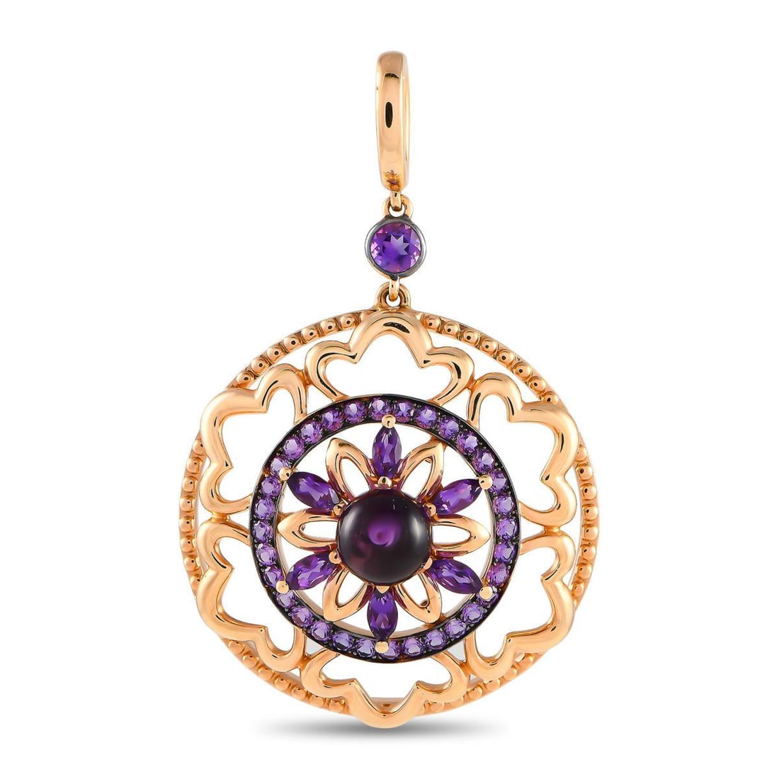 Bucherer 18K Rose Gold 2.57ct Amethyst Pendant: Designed to look both daring and refined, this rose gold pendant by Bucherer offers a way to express your personality and style. The round pendant takes a geometric profile with a concentric pattern.