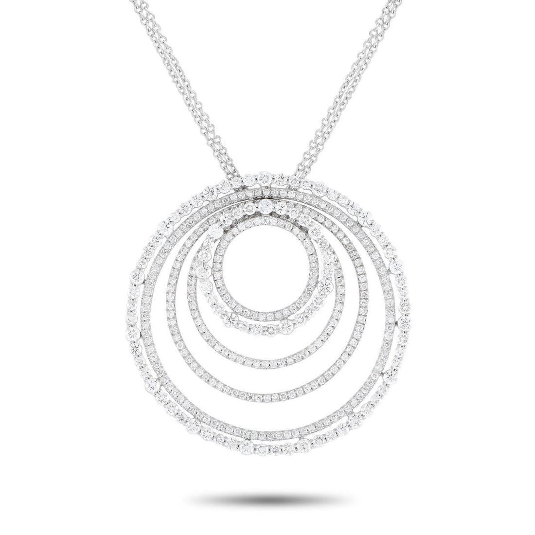 Bucherer 18K White Gold 4.25ct Diamond Circle Necklace: Possessing endless sparkle, this white gold Bucherer necklace offers a brilliant way to round out your look. It features a double-strand necklace with a lobster clasp. The pendant is made of six rings