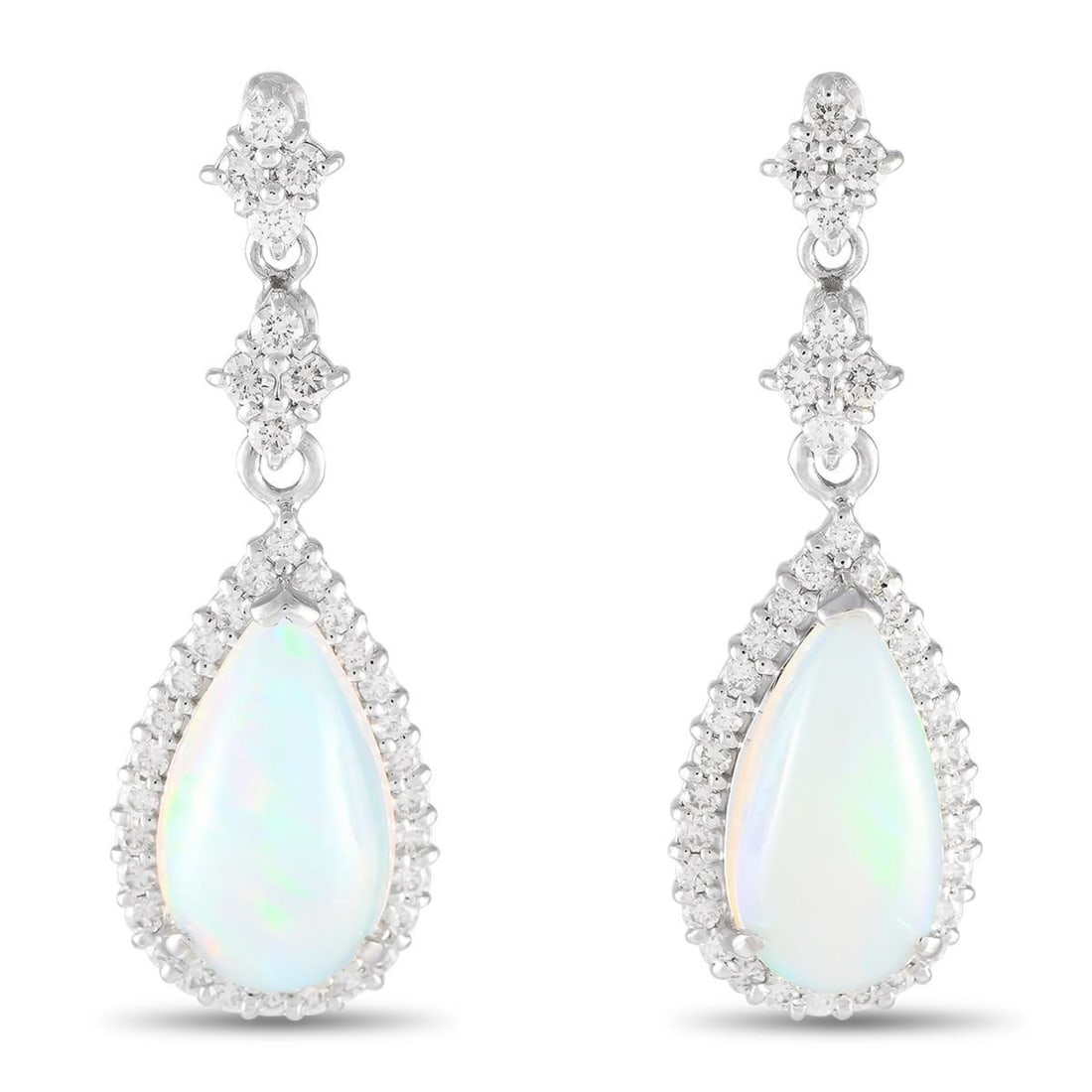 Platinum 1.0ct Diamond and Opal Pear Drop Earrings: These ear sparklers can certainly add interest to your look without competing with your dress. Made by Swiss jeweler Bucherer, these drop earrings are expertly crafted in noble platinum. They come det