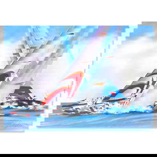 Victor Spahn, "America's Cup - Alinghi" hand signed limited edition lithograph with Certificate of: America's Cup - Alinghi is a limited edition lithograph on paper by Victor Spahn. Printed at Art-Lithographies workshop in Paris, the piece is hand signed by the artist and comes with a certificate