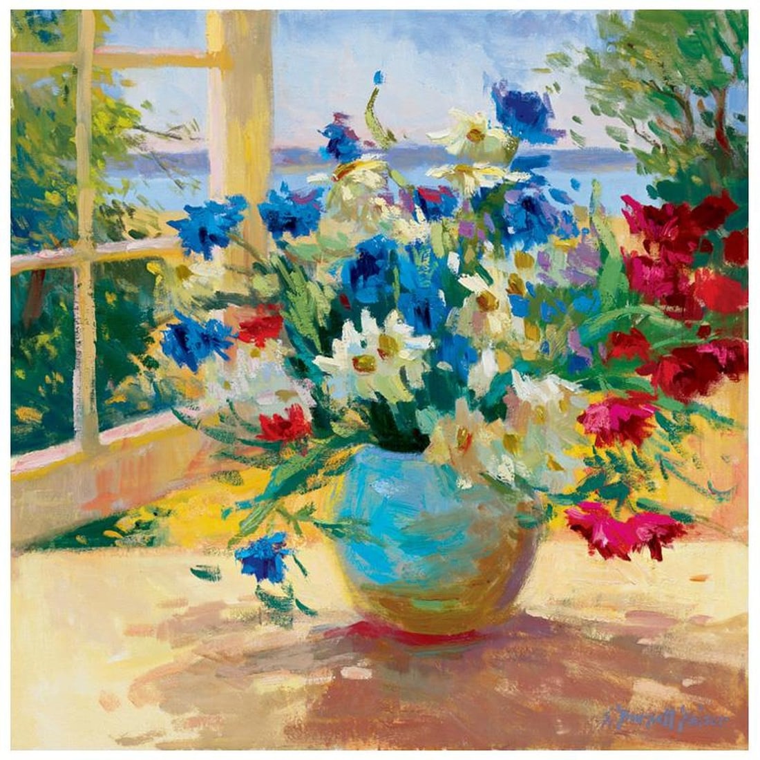 S. Burkett Kaiser, "Daises and Pansies" Limited Edition on Canvas, Numbered and Hand Signed with: Daises and Pansies is a limited edition giclee on canvas by S. Burkett Kaiser, numbered and hand signed by the artist. Includes Letter of Authenticity. Measures approx. 24" x 24" (image). Reference#: 