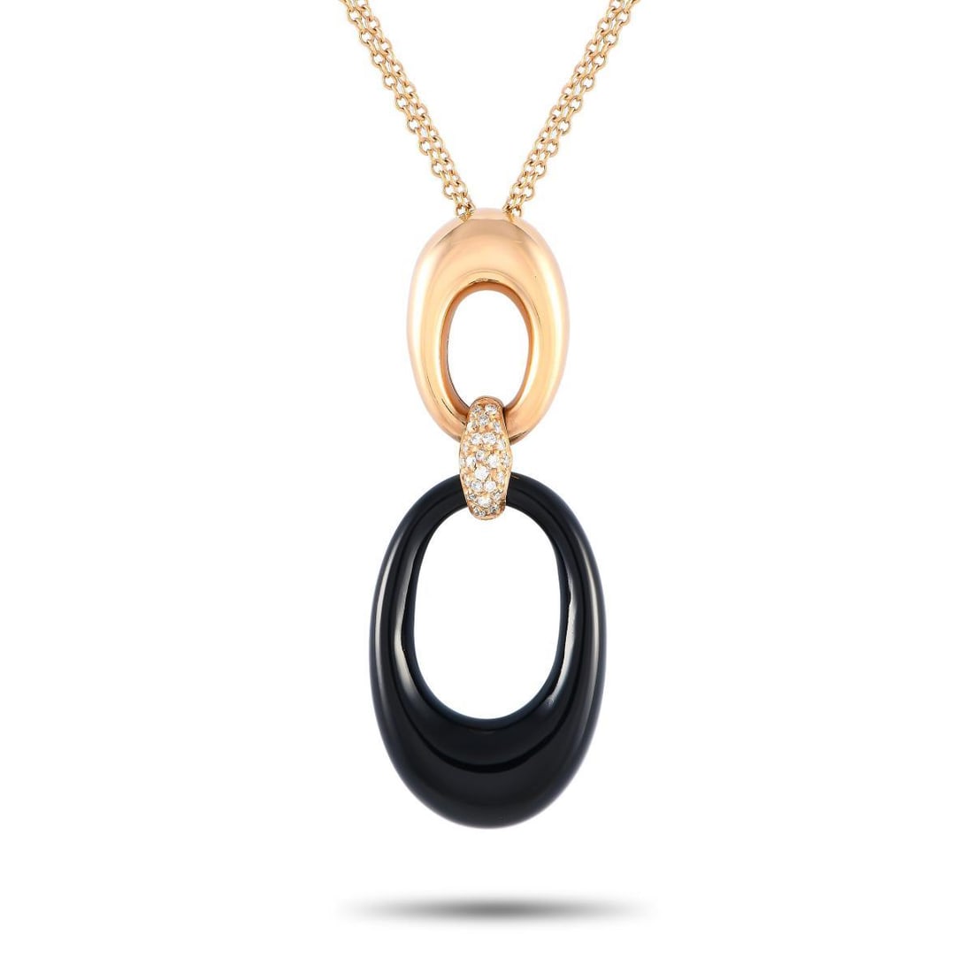 Bucherer 18K Rose Gold 0.12ct Diamond and Onyx Necklace: Presented with a striking combination of black and rose gold, this Bucherer necklace makes a chic finishing touch to any outfit. It features a pendant designed with a diamond-paved band connecting a c
