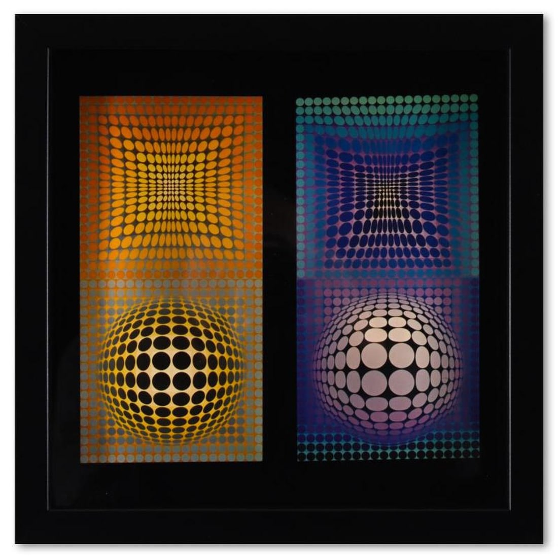 Victor Vasarely (1908-1997), "VP - 118 & VP - 108 de la série Structures Universelles Du Damier": VP - 118 & VP - 108 de la série Structures Universelles Du Damier is a heliogravure print on paper, published in 1975, by Victor Vasarely (1908-1997). This piece comes custom framed, with a letter of