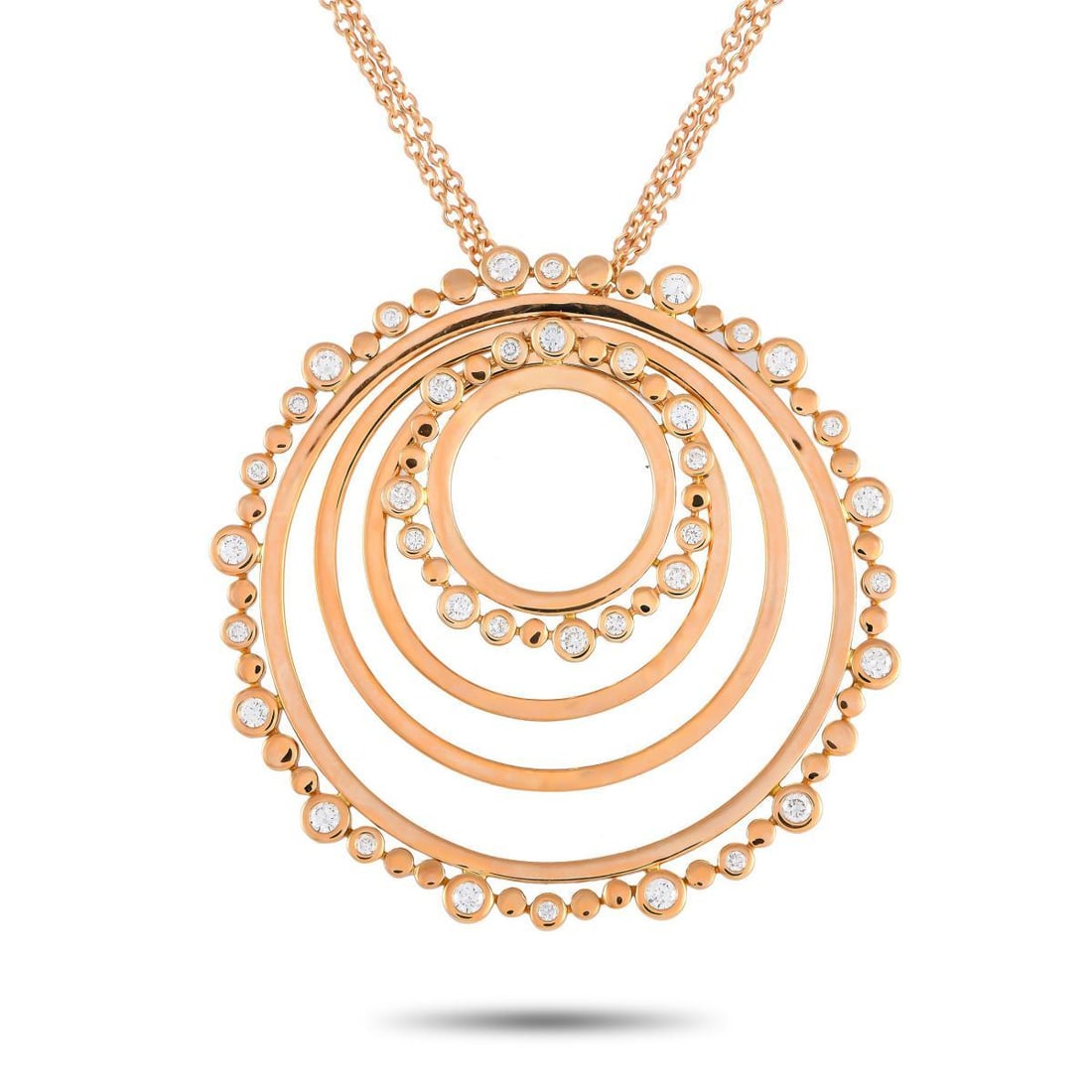Bucherer 18K Rose Gold Circle Necklace with 0.89ct Diamonds: Bucherer combined beauty and elegance in this rose gold necklace with a diamond-dotted round pendant. The pendant features multiple rings arranged in an off-centered concentric patter. Two of the ring