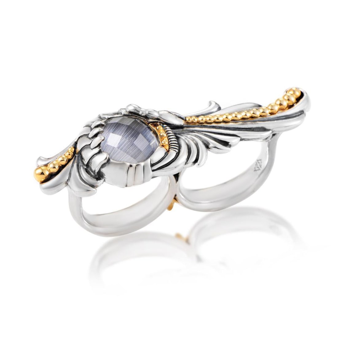 STEPHEN WEBSTER JEWELS VERNE STERLING SILVER GEMSTONE TWO-FINGER RING: An extraordinarily stunning design with a majestic ornamentation and spellbinding allure, this outstanding double ring from Stephen Webster's brilliant 'Jewels Verne' collection is creatively crafted