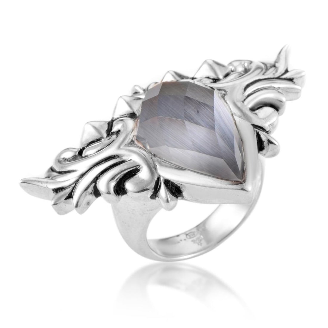 STEPHEN WEBSTER SUPERSTUD BAROQUE STERLING SILVER CAT'S EYE & QUARTZ RING: The elegance and daring edge of this ring is impressive in its heraldry to Stephen Webster. The pear cut, multifaceted stone gray cat's eye quartz is otherworldly in its own beauty. The sterling silve