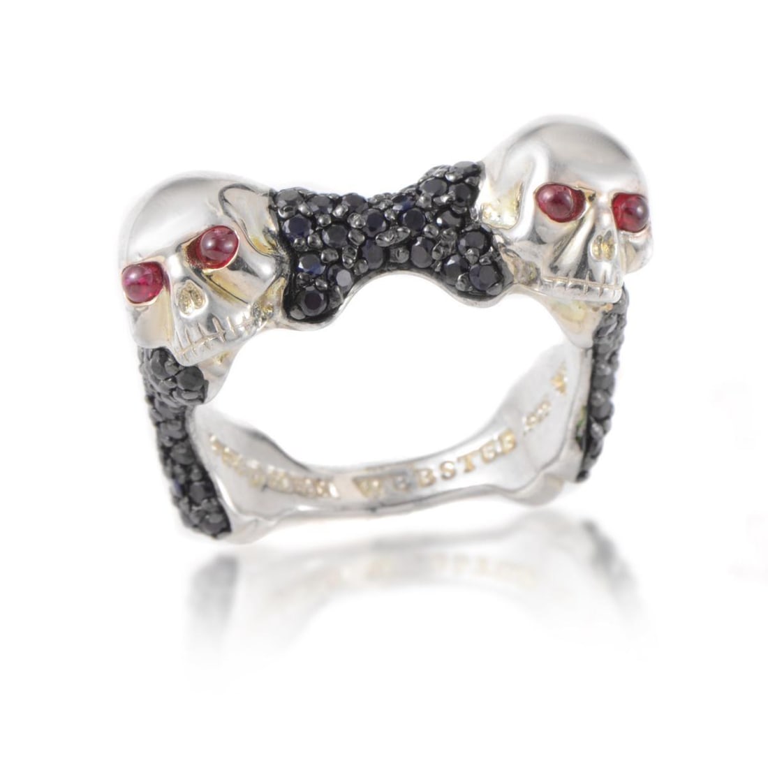 STEPHEN WEBSTER SKULL & BONES MEN'S STERLING SILVER RUBY & BLACK SAPPHIRE RING (1 of 4)