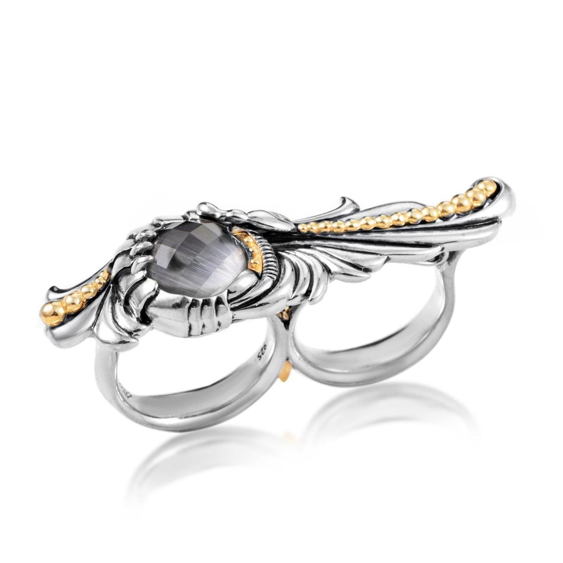 STEPHEN WEBSTER JEWELS VERNE SILVER CAT'S EYE & QUARTZ DOUBLE FINGER RING: Magical in its elegance and ethereal colors, this gracefully designed Stephen Webster two-finger ring is a stunning example of classic style being made contemporary. The focal point is the urbane broo
