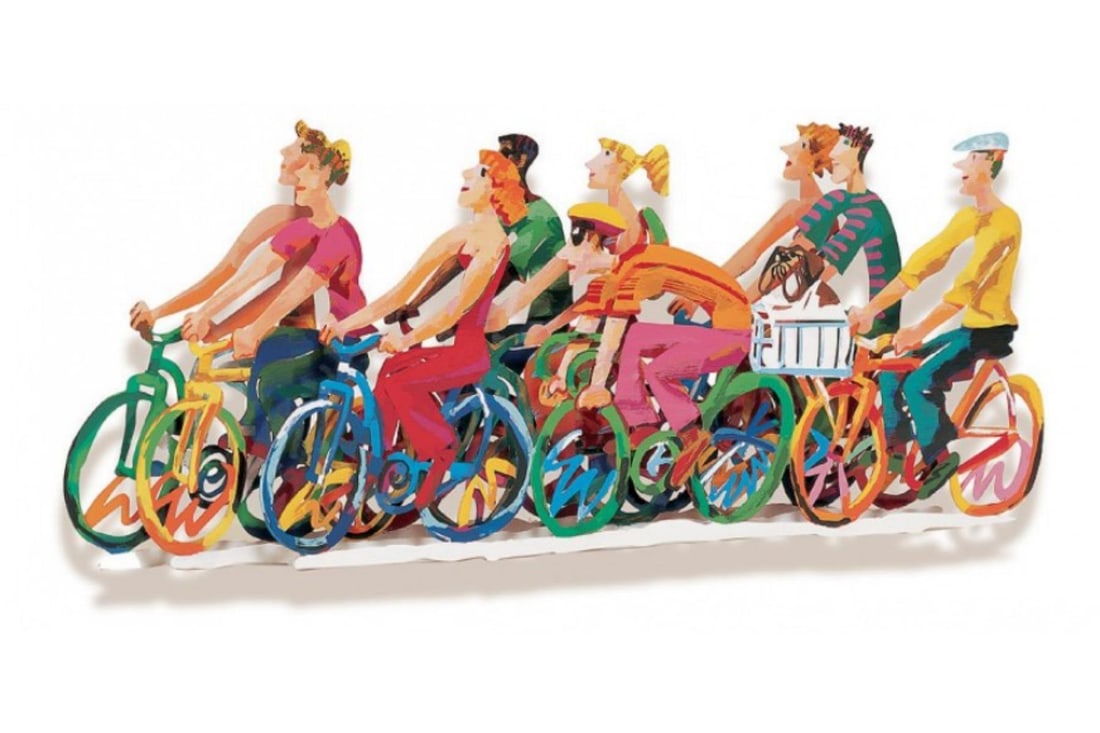 David Gerstein- Mixed Media Cutout Aluminum "Biking II/A": Artist: David Gerstein. Medium: Mixed Media Cutout Aluminum. Title: Biking II/A. Size: 55" x 22". Signature: Signed and numbered. Certificate of Authenticity: Is included. Additional: Edition of 295.