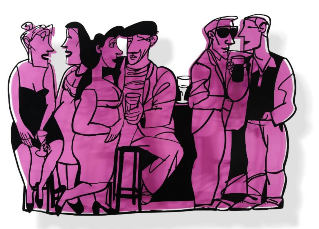 David Gerstein- Mixed Media Cutout Aluminum "Bar series - On the bar (pink)": Artist: David Gerstein. Medium: Mixed Media Cutout Aluminum. Title: Bar series - On the bar (pink). Size: 28" x 20". Signature: Signed and numbered. Certificate of Authenticity: Is included. Additiona