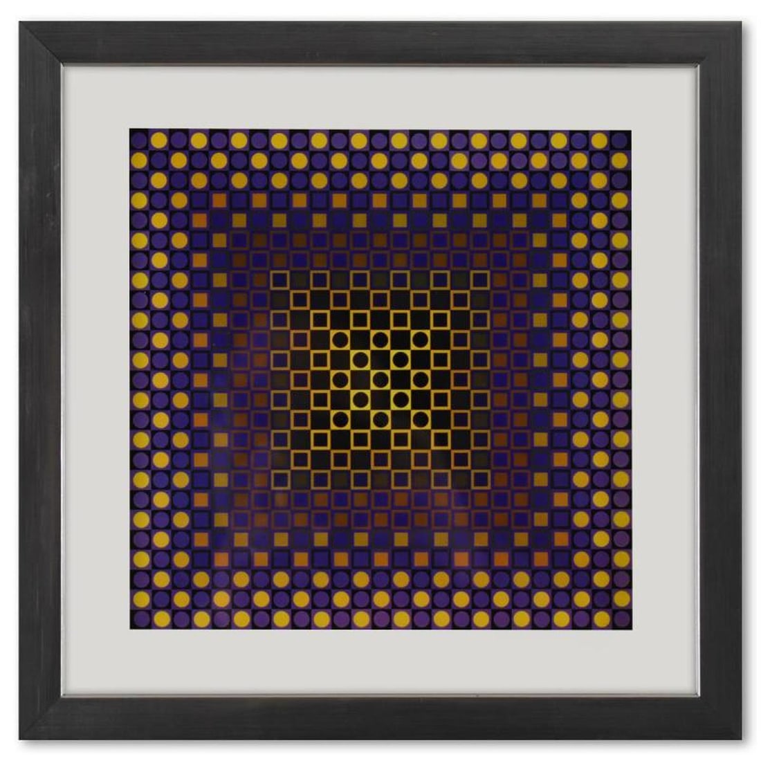 Victor Vasarely (1908-1997), "Alom (Purple/Yellow) de la série Folklore Planetaire" Framed 1971: Alom (Purple/Yellow) de la série Folklore Planetaire is a heliogravure print on paper, published in 1971, by Victor Vasarely (1908-1997). This piece comes custom framed, with a letter of authenticity