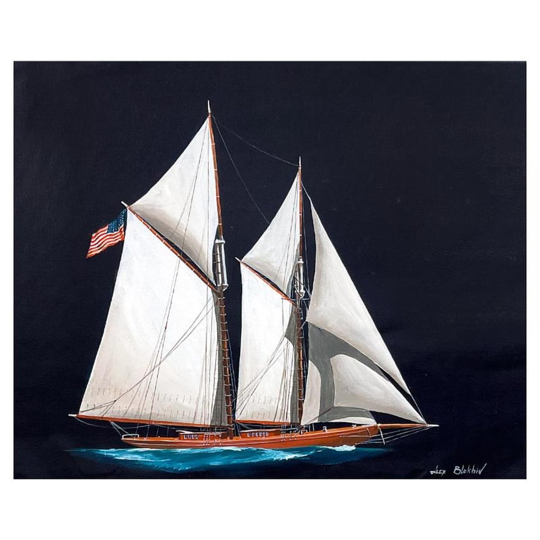 Alex Blokhin, "Two Masted Schooner" Original Painting on Canvas, Hand Signed with Letter of (1 of 2)