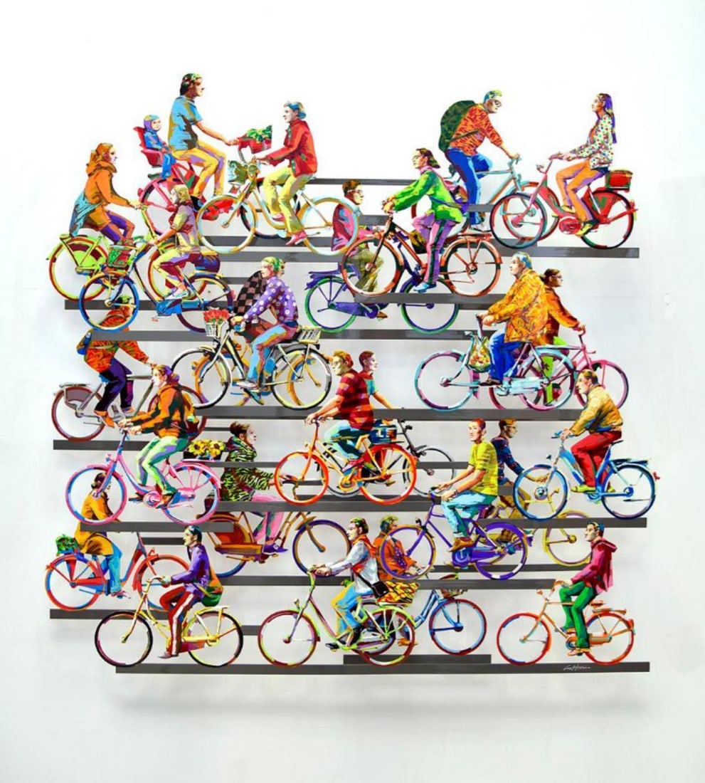 David Gerstein- Mixed Media Cutout Aluminum "City on Wheels": Artist: David Gerstein. Medium: Mixed Media Cutout Aluminum. Title: City on Wheels. Size: 47" x 46". Signature: Signed and numbered. Certificate of Authenticity: Is included. Additional: Edition of 15