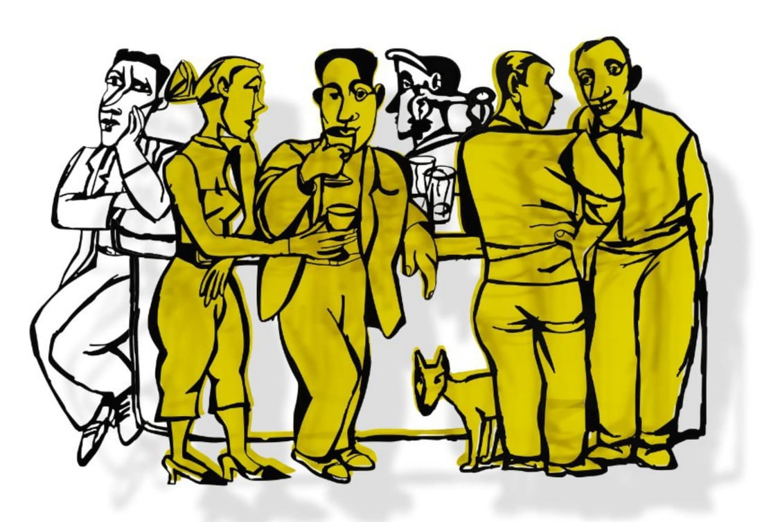 David Gerstein- Mixed Media Cutout Aluminum "Bar series - Time out (yellow)": Artist: David Gerstein. Medium: Mixed Media Cutout Aluminum. Title: Bar series - Time out (yellow). Size: 31" x 20". Signature: Signed and numbered. Certificate of Authenticity: Is included. Additiona