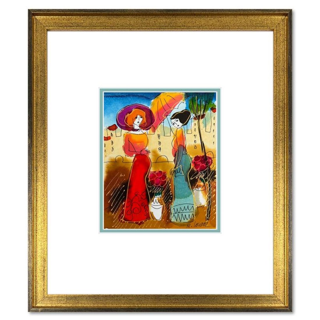 Moshe Leider, Framed Original Mixed Media Watercolor Painting, Hand Signed with Letter of: This is an original mixed media watercolor painting on paper by Moshe Leider. Hand signed by the artist, this piece comes custom framed and includes a Letter of Authenticity. Measures approximately 15
