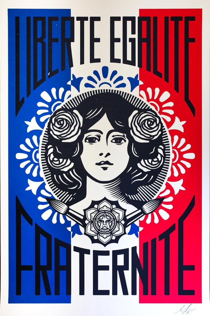 Shepard Fairey- Offset Lithograph "LIBERTÉ EGALITÉ FRATERNITÉ": Artist: Shepard Fairey. Medium: Offset Lithograph. Title: LIBERTÉ EGALITÉ FRATERNITÉ. Size: 36" x 24". Signature: Hand Signed by the artist. Additional: Hand signed offset Lithograph. Reference#: 2