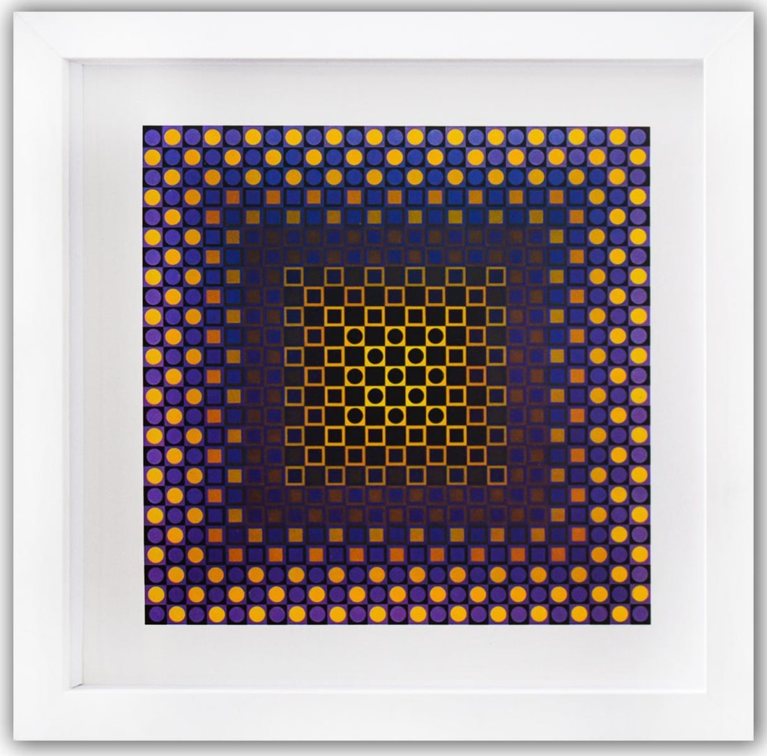 Victor Vasarely- Heliogravure Print "Alom (Purple/Yellow)": Artist: Victor Vasarely. Medium: Heliogravure Print. Title: Alom (Purple/Yellow). Size: 10" x 10". Measures approx. 12" x 12" (framed). Additional: Custom Framed , 1971. Reference#: 21378.