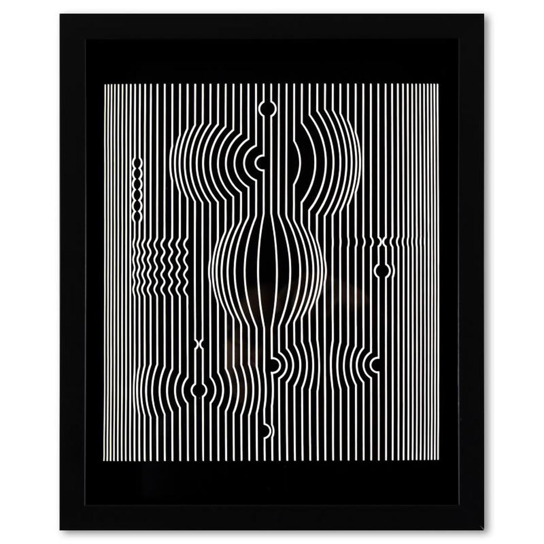 Victor Vasarely (1908-1997), "Manipur de la série Ondulatoires" Framed 1973 Heliogravure Print with: Manipur de la série Ondulatoires is a heliogravure print on paper, published in 1973, by Victor Vasarely (1908-1997). This piece comes custom framed, with a letter of authenticity and with a 1976 Vas