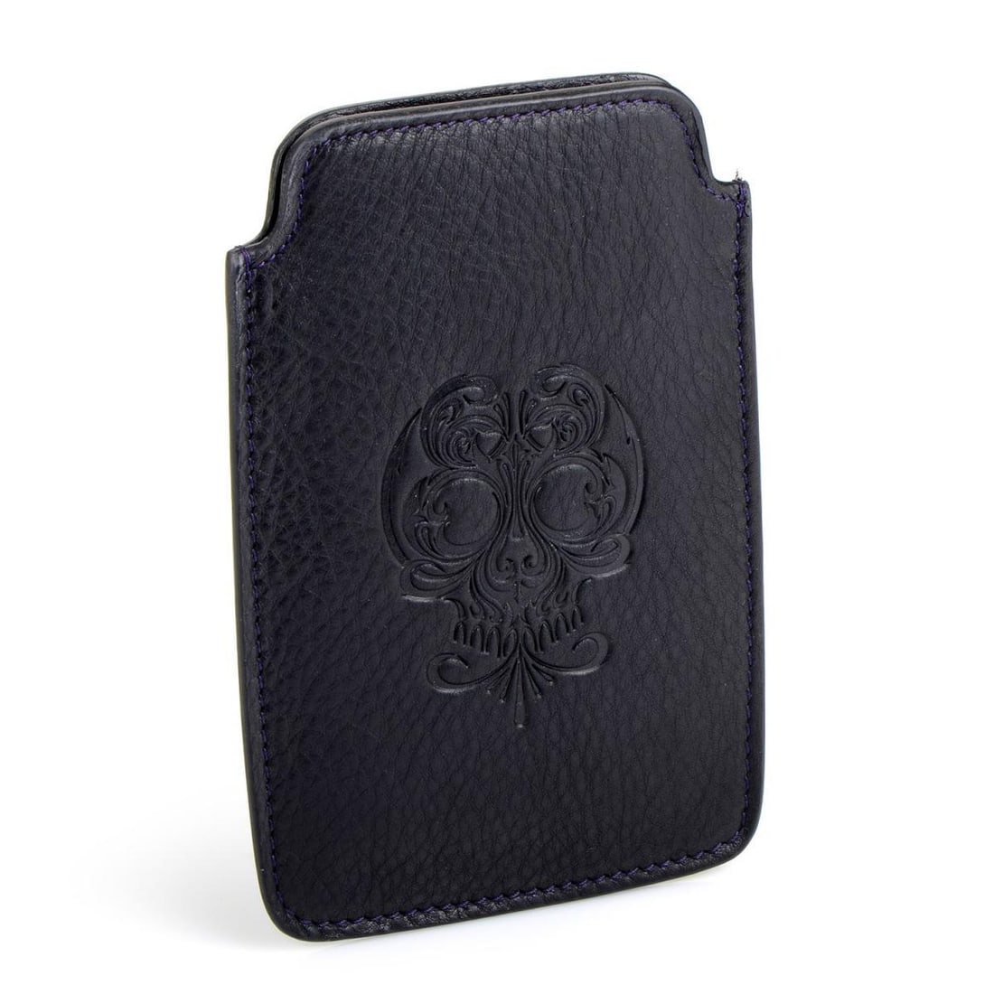 STEPHEN WEBSTER BLACK CALFSKIN LEATHER IPHONE CASE: Understated yet undeniably Rock 'n Roll, this decorative skull engraved black leather iPhone case is a stunning phone protector and style accessory that is proudly engraved with the Stephen Webster na