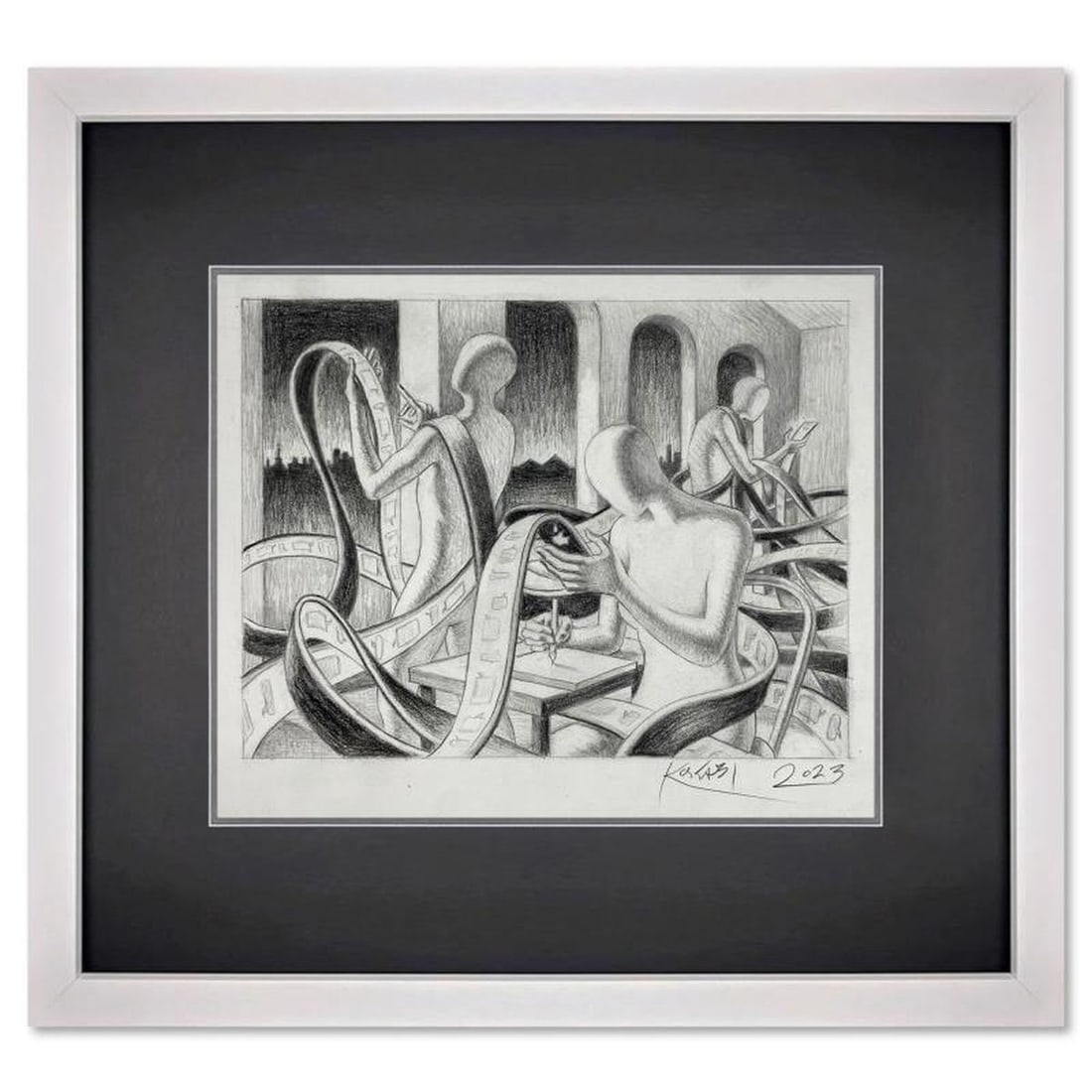 Mark Kostabi, "Keeping Track - New York" Framed Original Drawing on Paper, Hand Signed with (1 of 2)