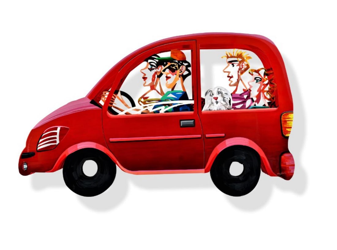 David Gerstein- Mixed Media Cutout Aluminum "Family Car": Artist: David Gerstein. Medium: Mixed Media Cutout Aluminum. Title: Family Car. Size: 47" x 28". Signature: Signed and numbered. Certificate of Authenticity: Is included. Additional: Edition - 295. Re