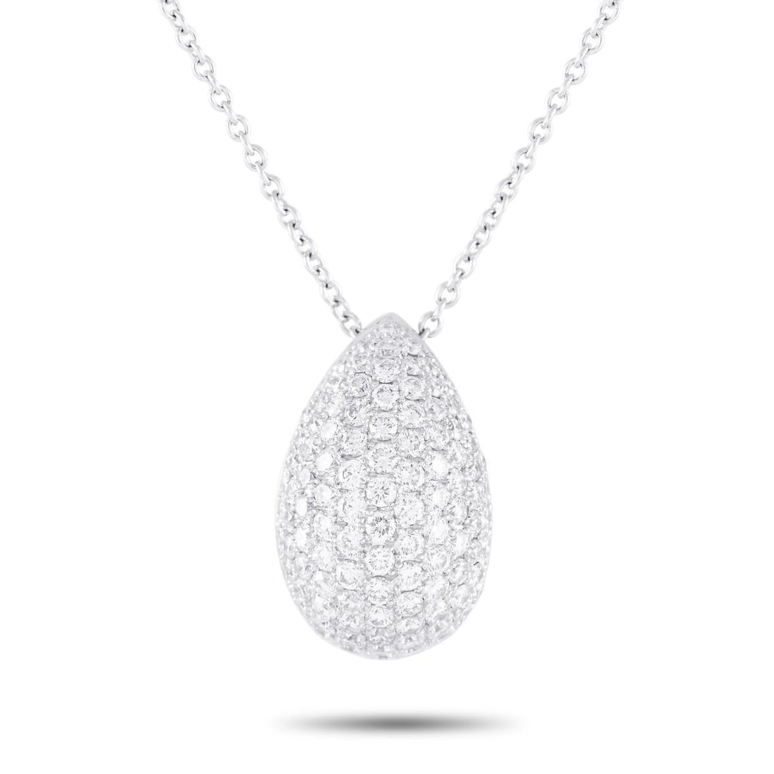 BUCHERER 18K WHITE GOLD 1.22CT DIAMOND PAVE TEARDROP NECKLACE: A dazzling diamond necklace that will seamlessly fit into every woman's wardrobe. This Bucherer piece is rendered in 18K white gold. It features a 17-long chain and a domed teardrop-shaped pendant wra