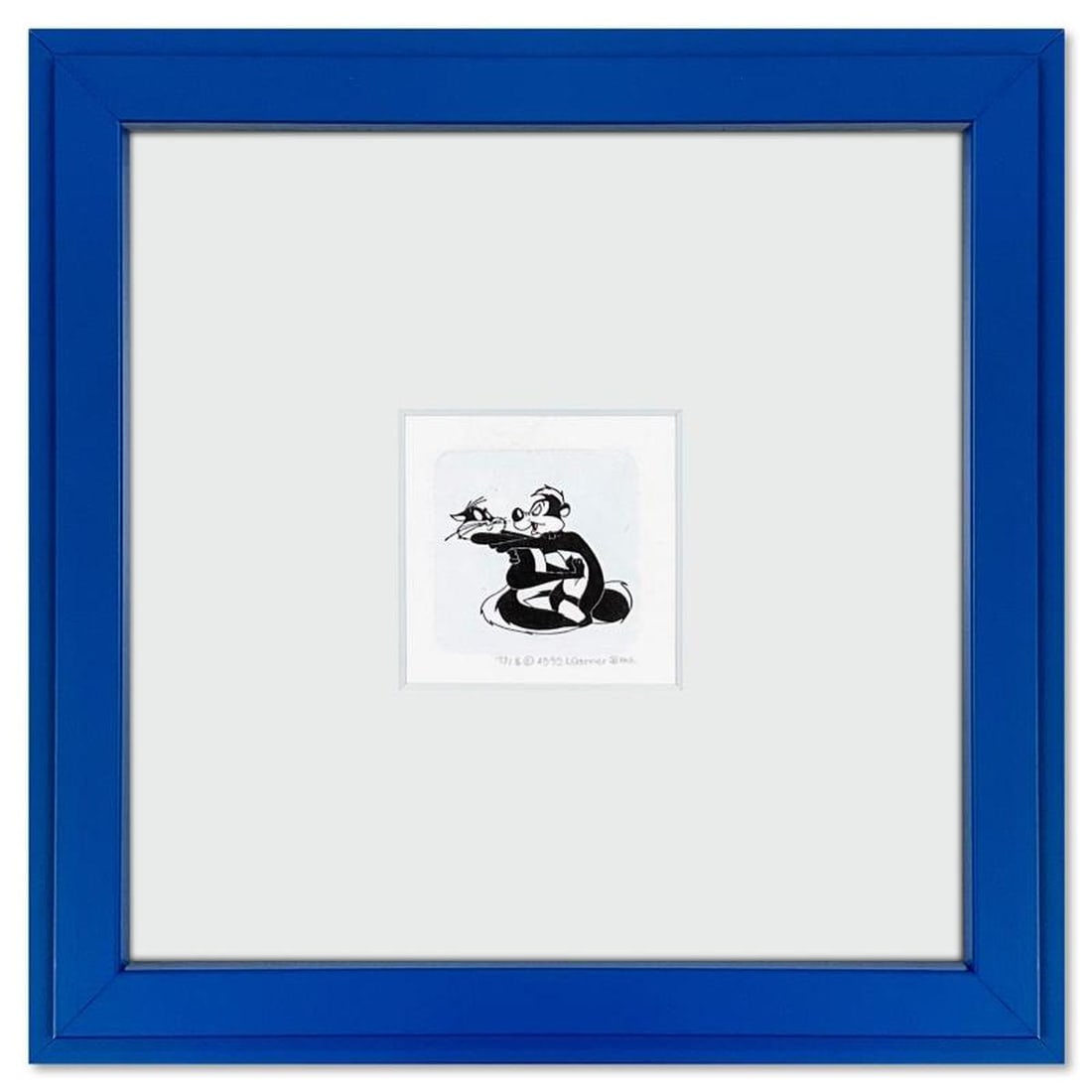 Pepe Le Pew in Love Framed Limited Edition Etching with Hand Tinted Color from Warner Bros.,: Pepe Le Pew in Love is a limited edition etching on paper with hand tinted coloring from Warner Bros., numbered and dated 1999. This piece comes framed. Measures approx. 9" x 9" (frame), 2" x 1.5" (im