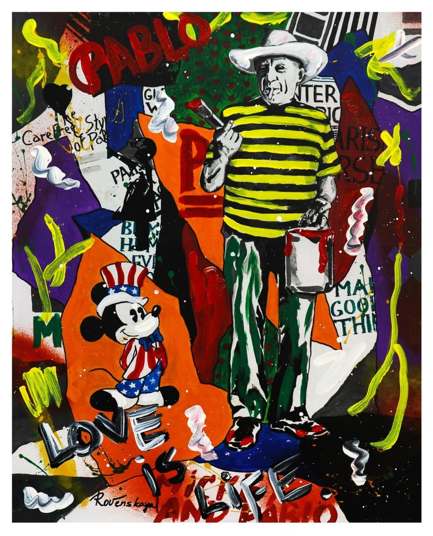 Nastya Rovenskaya- Mixed Media "Pablo Picasso In Action": Artist: Nastya Rovenskaya. Medium: Mixed Media. Title: Pablo Picasso In Action. Size: 30" x 24". Signature: Hand Signed by the artist. Certificate of Authenticity: From the publisher. Reference#: 1912
