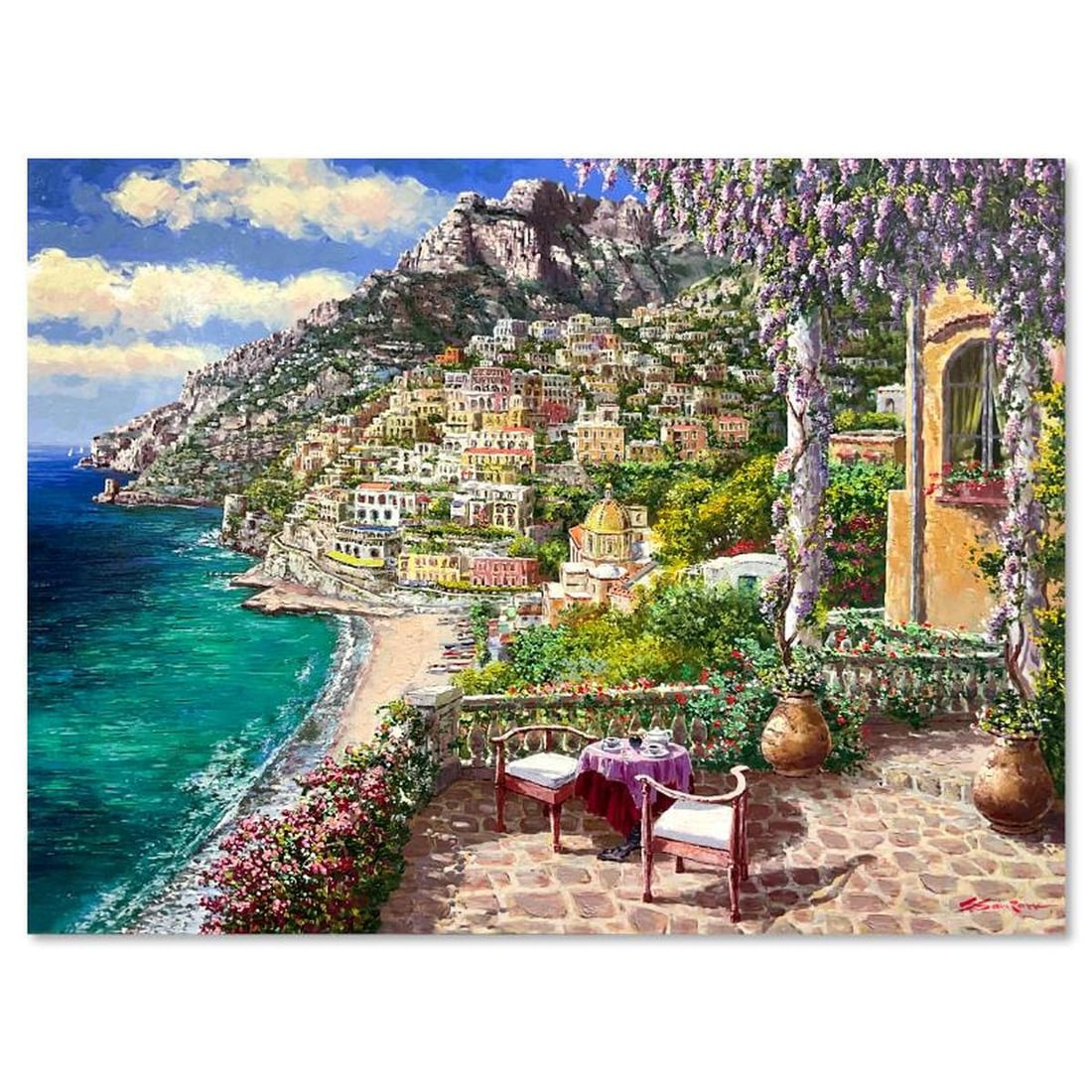 Sam Park, "Amalfi Patio" Hand Embellished Limited Edition Serigraph on Canvas (30" x 40"), Numbered: Amalfi Patio is a hand embellished limited edition serigraph on stretched canvas by Sam Park, numbered and hand signed by the artist. Includes Letter of Authenticity. Measures approx. 30" x 40" (image