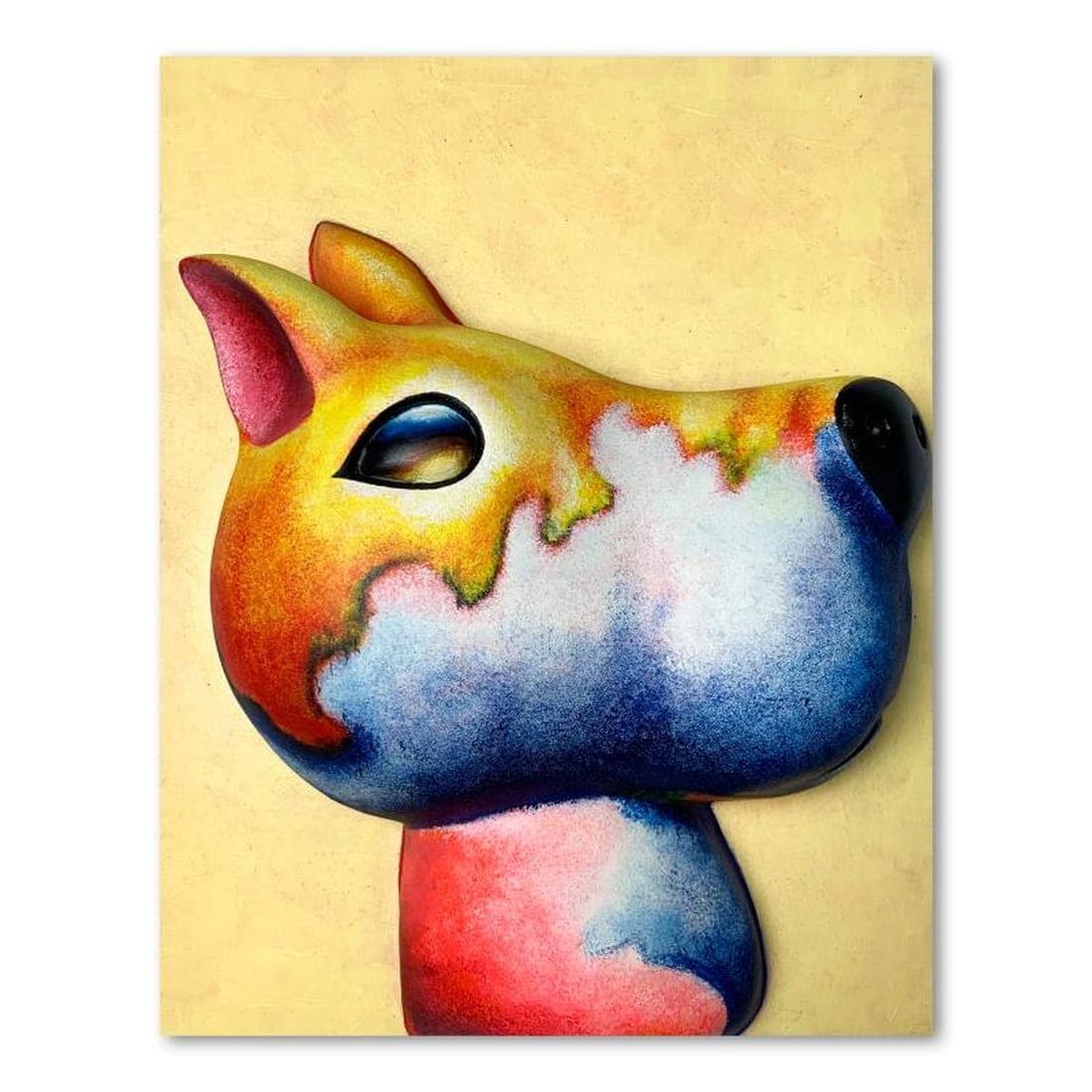 Wang, "Bandit (Yellow)" Hand Painted Limited Edition Bas Relief Sculpture, Numbered 3/99, Hand: Bandit (Yellow) is a hand painted limited edition, dimensional art, bas relief sculpture by Wang. This piece is numbered 3/99, is hand signed in verso, and comes with a letter of authenticity. Measure