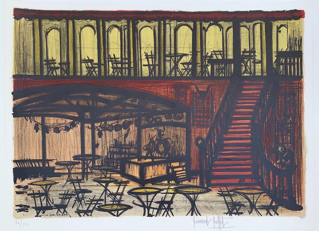 Bernard Buffet- Offset lithograph on paper "La Tavern": Artist: Bernard Buffet. Medium: Offset lithograph on paper. Title: La Tavern. Size: 22" x 30". Signature: Signed and numbered. Reference#: 61384.