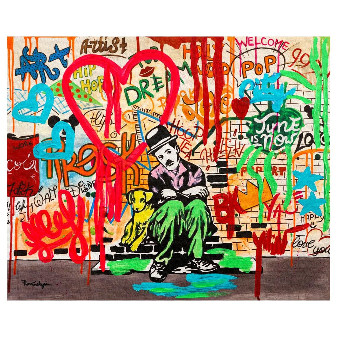 Nastya Rovenskaya- Original Mixed Media on Canvas "Charlie is Alone": Artist: Nastya Rovenskaya. Medium: Original Mixed Media on Canvas. Title: Charlie is Alone. Size: 16" x 20". Signature: Hand signed. Certificate of Authenticity: Is included. Reference#: 70968.
