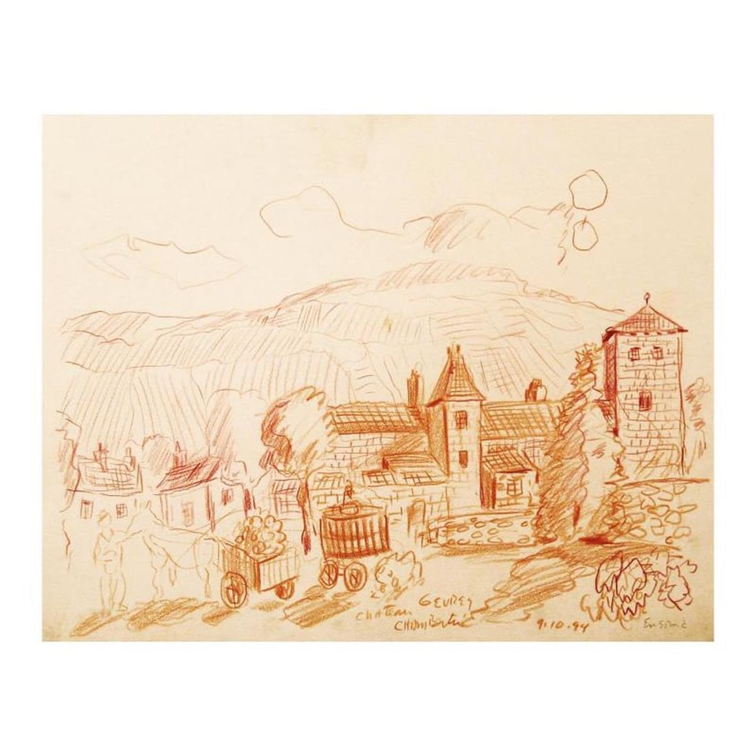 Wayne Ensrud "Gevrey Chambertin, Burgundy" Pencil Original Artwork; Hand Signed; COA (1 of 2)