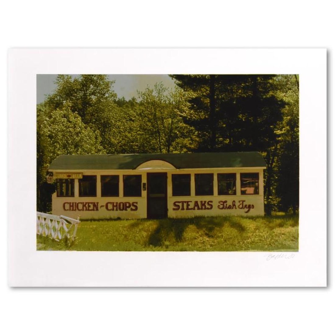 John Baeder, "Chicken Chops" Limited Edition Silkscreen, Numbered 147/250 and Hand Signed with: Chicken Chops is a limited edition silkscreen on somerset paper by John Baeder, numbered 147/250 and hand signed by the artist. Includes Letter of Authenticity. Measures approx. 30" x 22" (border); 24