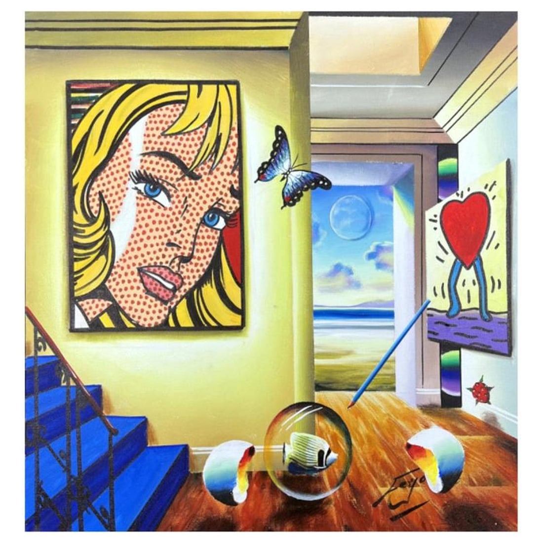 Ferjo, "Lichtenstein & Haring Overlooking the Bay" Hand Signed Original Painting on Canvas with: Lichtenstein & Haring Overlooking the Bay is an original painting, oil on stretched canvas, by Ferjo. Hand signed by the artist, this piece comes with a letter of authenticity. Measures approximately